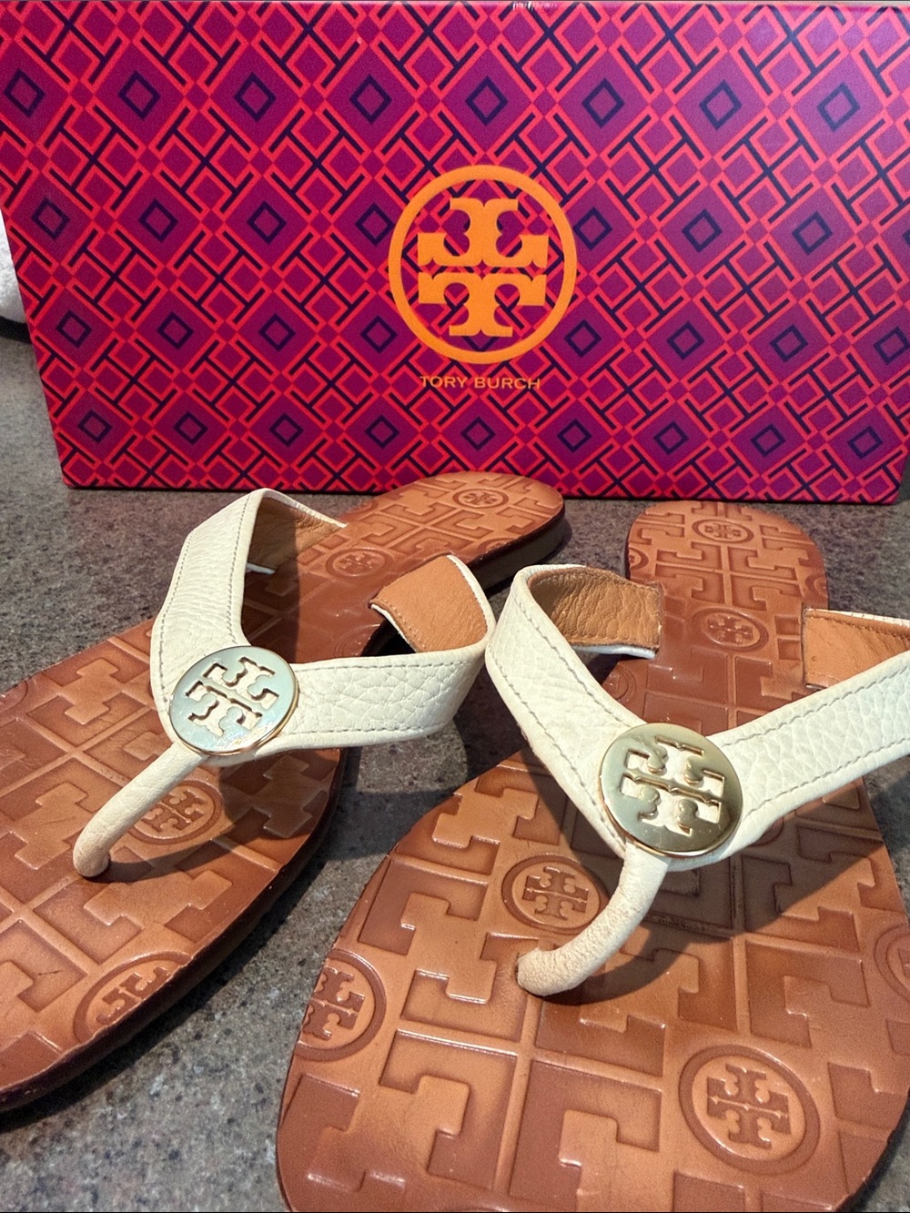 Tory Burch Cream Leather Logo Thong Sandals